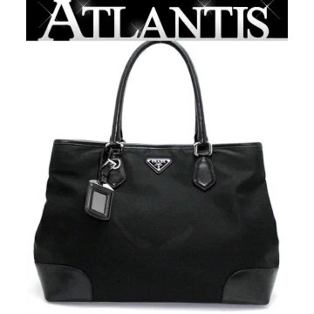Prada Triangle Logo Tote Bag Leather Black